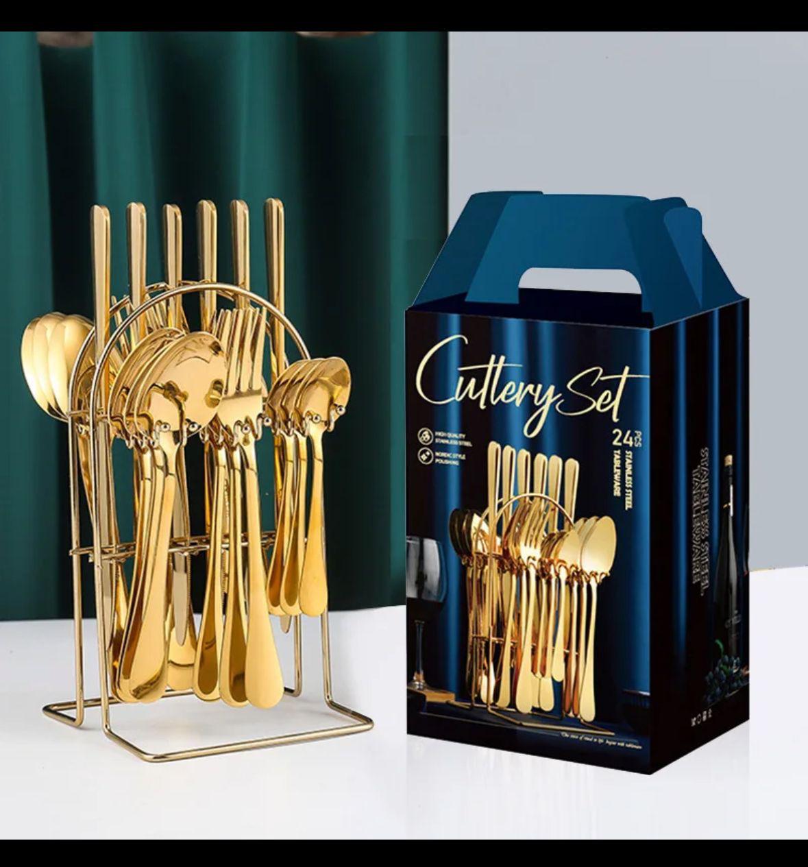24-Piece Luxury Gold Cutlery Set with Stand