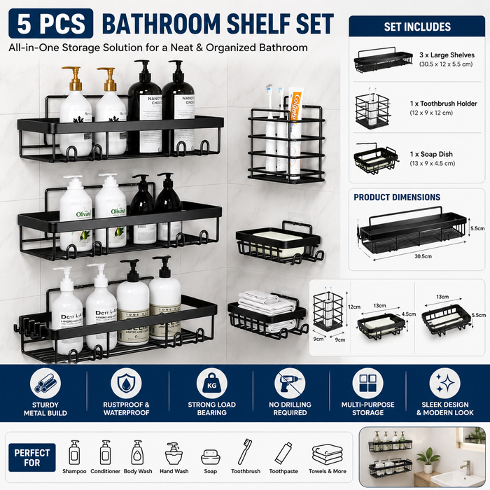 5-Piece No-Drill Bathroom Organizer Shelf Set – Rustproof Wall Storage