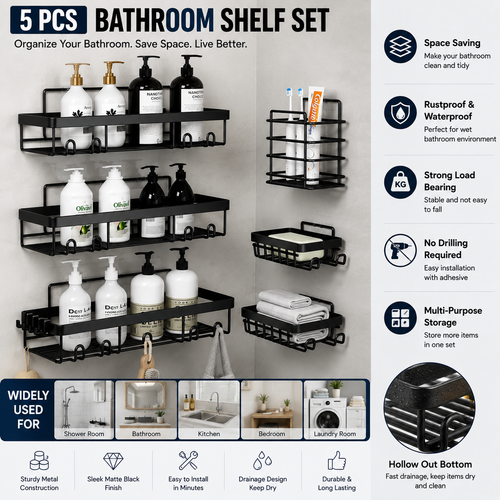 5-Piece No-Drill Bathroom Organizer Shelf Set – Rustproof Wall Storage