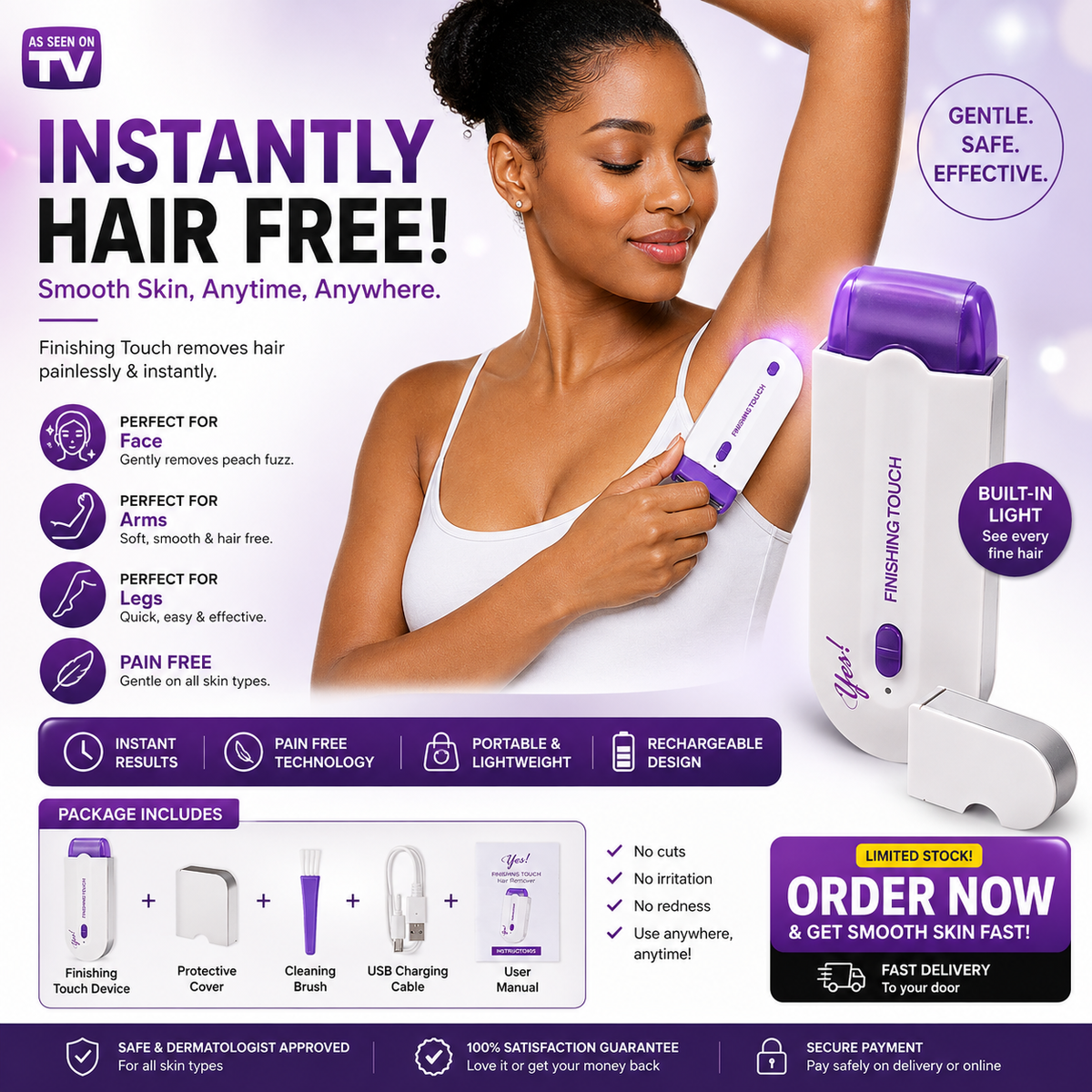 Finishing Touch Rechargeable Hair Remover – Painless Face & Body Hair Removal
