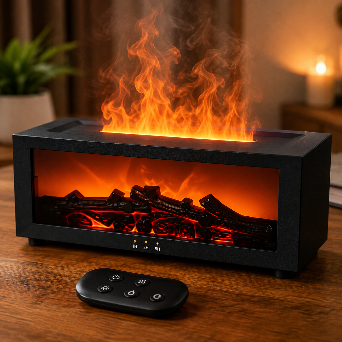 Mini Fireplace Humidifier with Flame Mist & Remote Control – 7 Color Ambient Diffuser