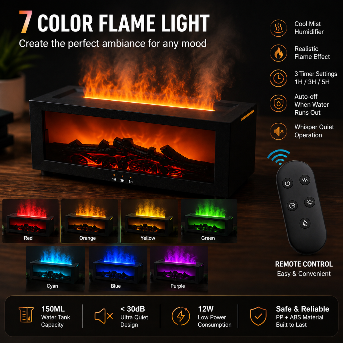 Mini Fireplace Humidifier with Flame Mist & Remote Control – 7 Color Ambient Diffuser