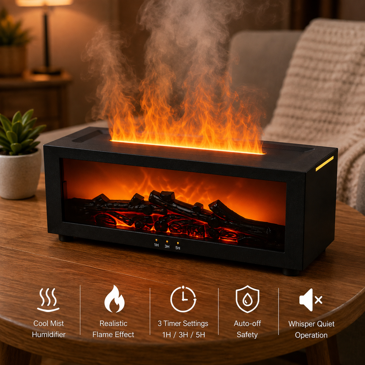 Mini Fireplace Humidifier with Flame Mist & Remote Control – 7 Color Ambient Diffuser