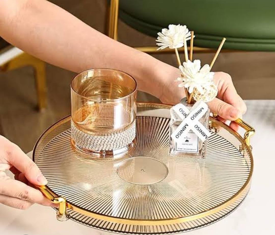 Luxury Round Serving Tray with Gold Handles – Elegant Decorative Tray