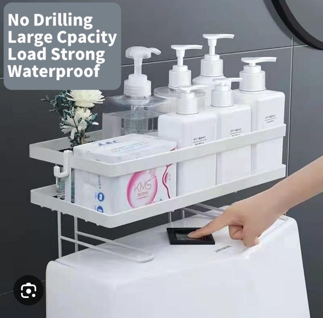 No-Drill Wall-Mounted Bathroom Storage Rack with Hooks