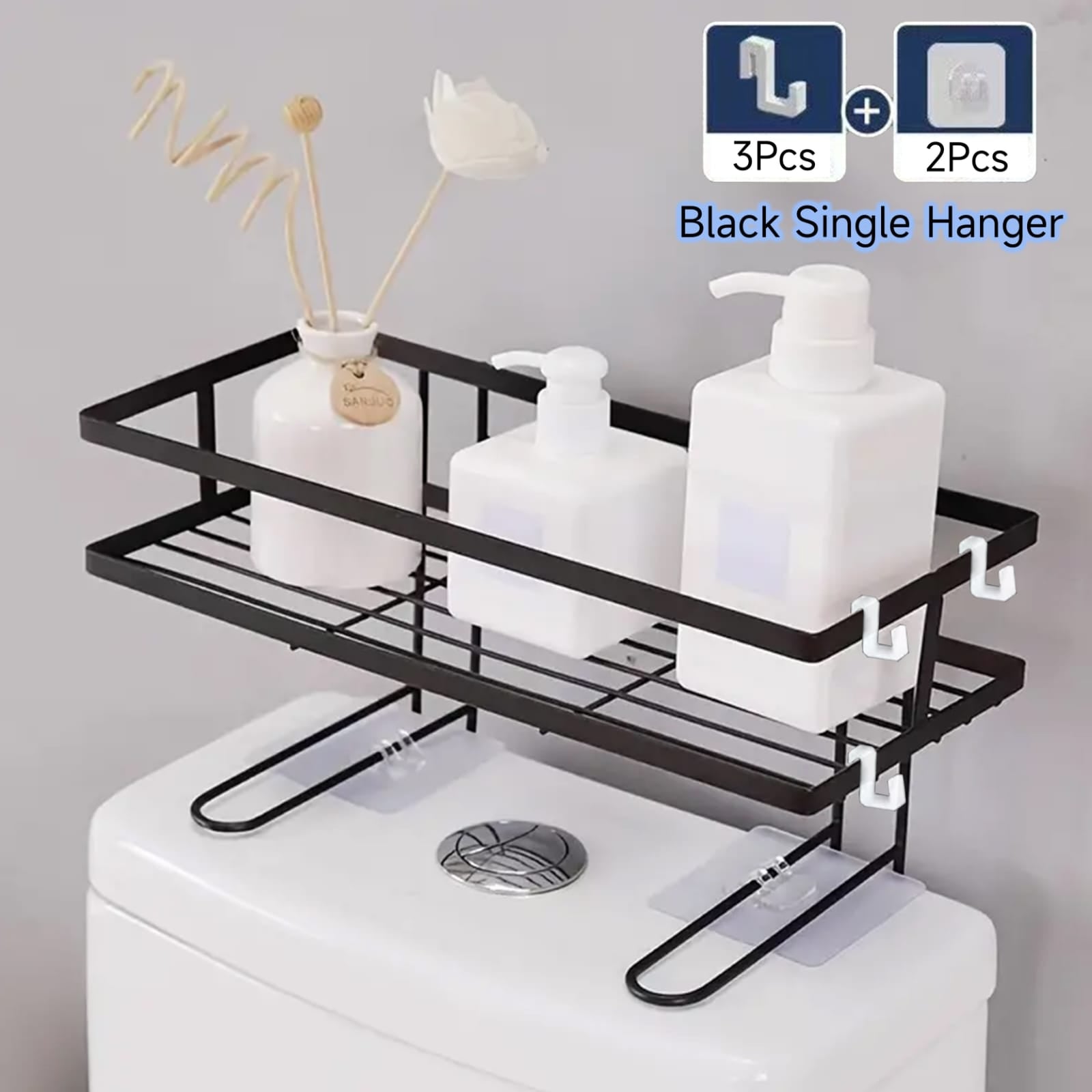 No-Drill Wall-Mounted Bathroom Storage Rack with Hooks