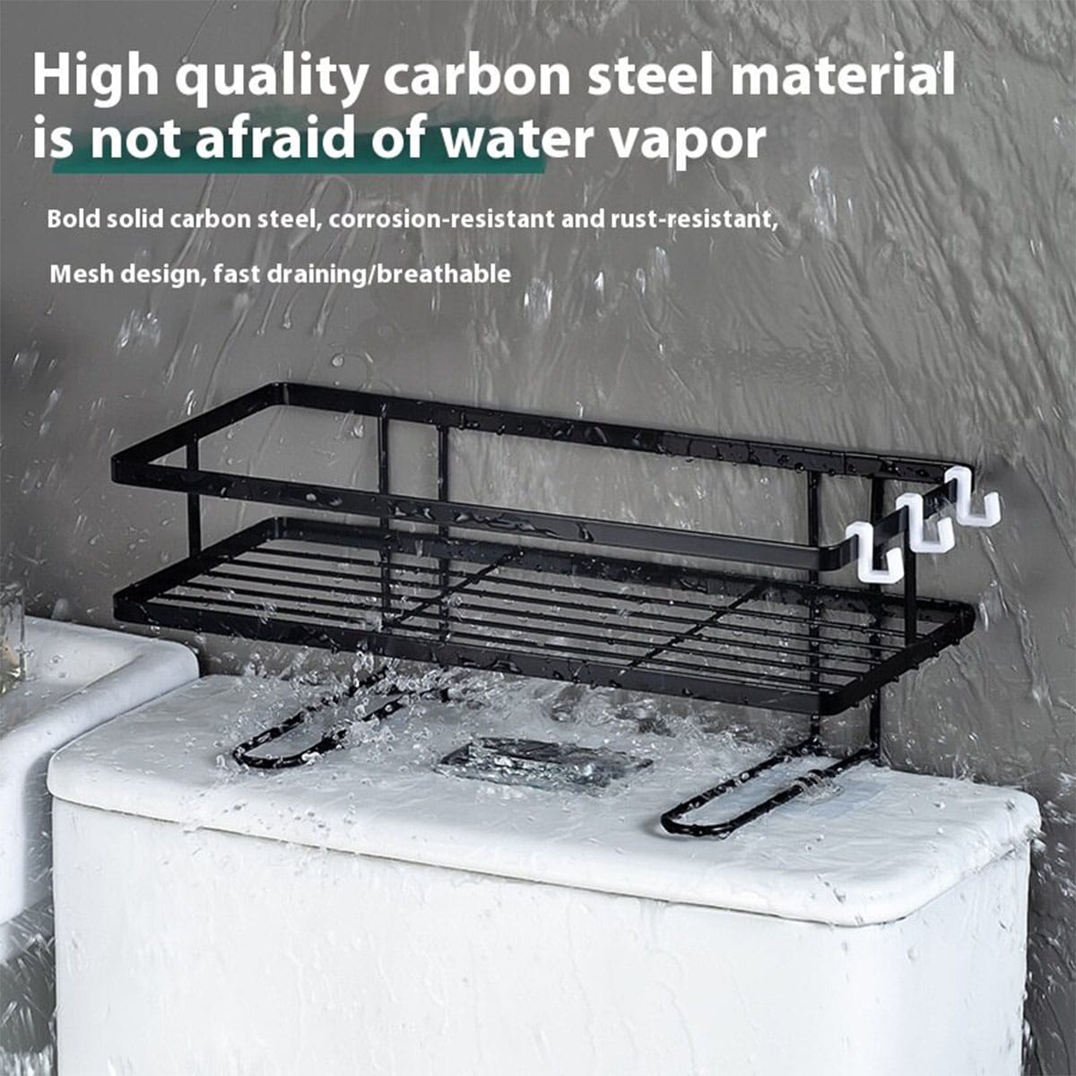 No-Drill Wall-Mounted Bathroom Storage Rack with Hooks