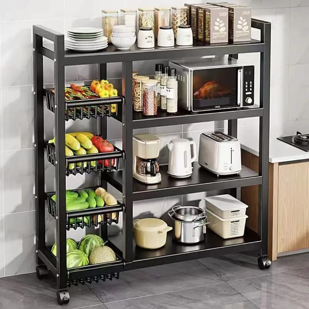 Multi-Tier Kitchen Storage Rack with Rolling Baskets – Microwave & Appliance Organizer
