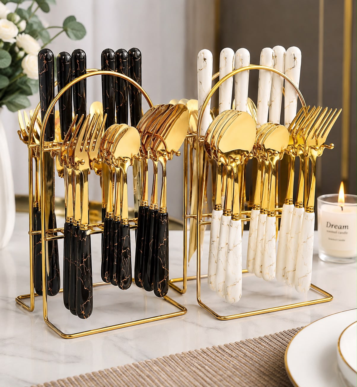 24-Piece Luxury Gold Cutlery Set with Stand